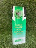Glass style bespoke award, polished personalised rectangular acrylic trophies printed with your club design and colours.