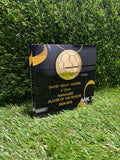 Glass style bespoke award, polished personalised square plastic trophy printed with your club design and colours.