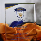 Glass style customised awards, Clear polished personalised rectangular acrylic trophy printed with your club design and colours.
